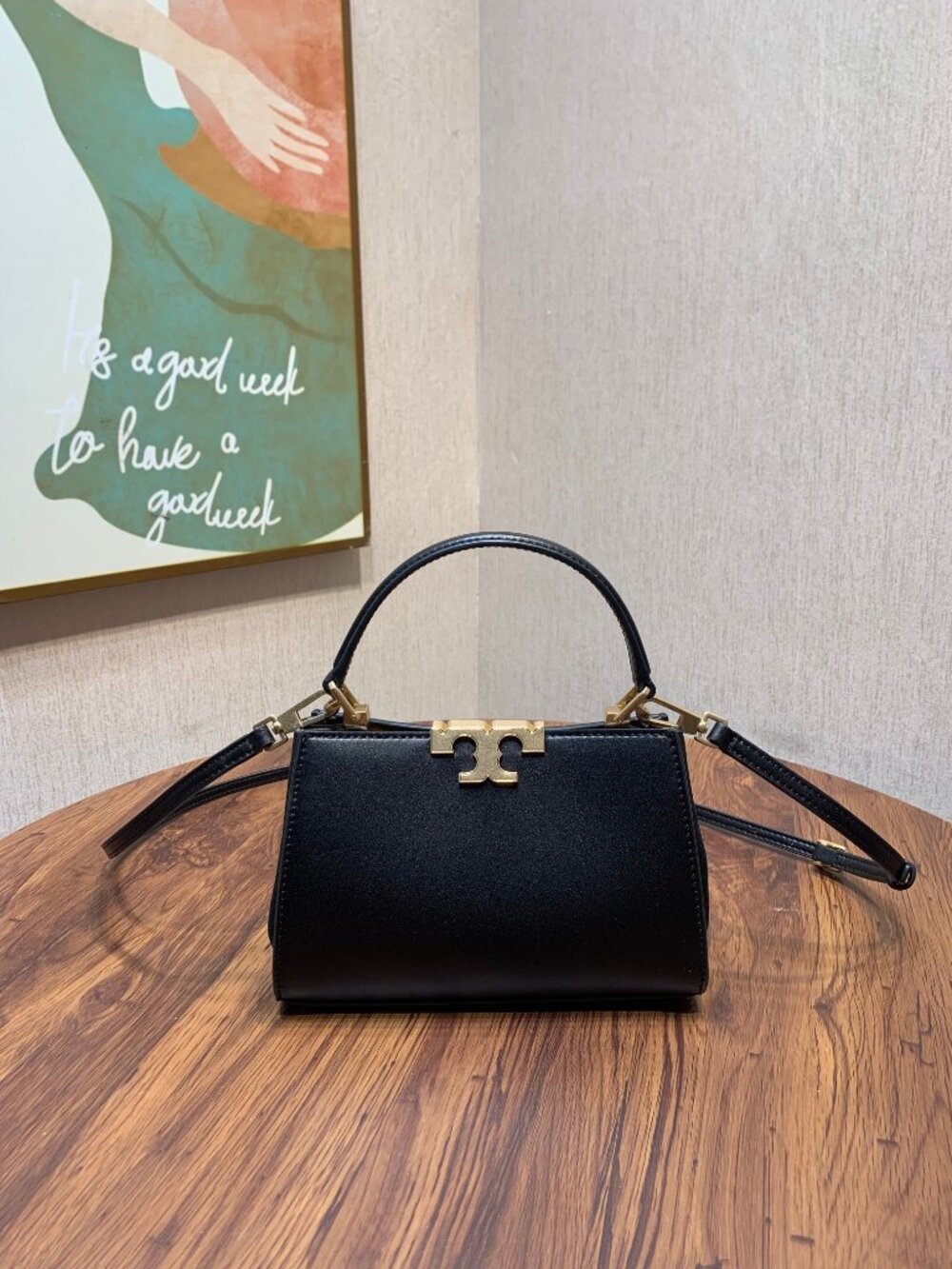 Tory Burch Black Leather Top-Handle Crossbody Bag with Gold Logo